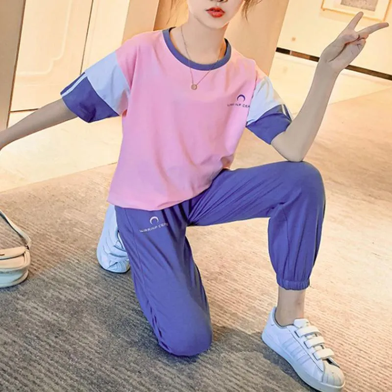 2-piece Casual Color-block T-shirt and Pants Sets