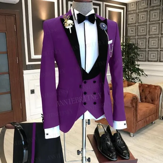 2021 Formal Business Men Suit 3 Pieces Male Jacket Custom Fashion Groom Wedding Suit Tuxedo Red Velvet Lapel Blazer Vest Pants