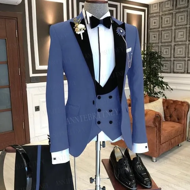 2021 Formal Business Men Suit 3 Pieces Male Jacket Custom Fashion Groom Wedding Suit Tuxedo Red Velvet Lapel Blazer Vest Pants