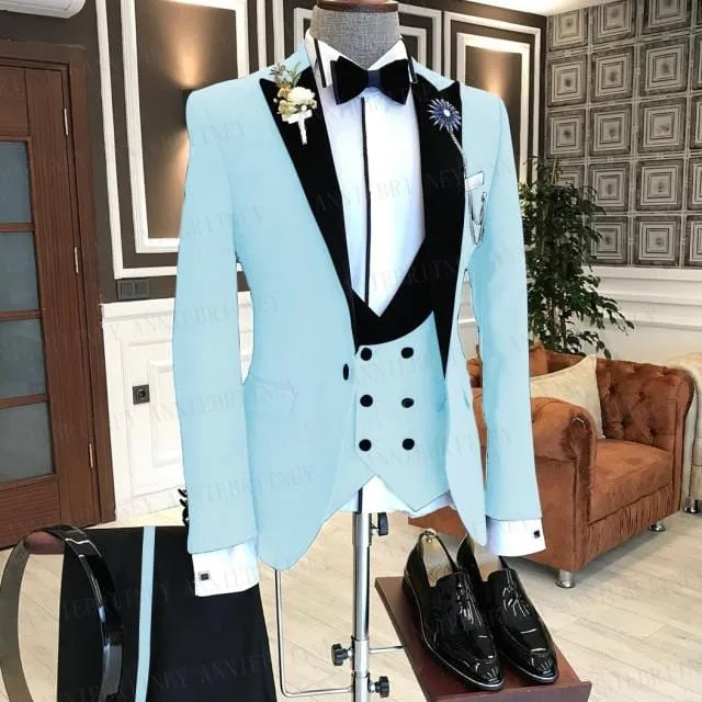 2021 Formal Business Men Suit 3 Pieces Male Jacket Custom Fashion Groom Wedding Suit Tuxedo Red Velvet Lapel Blazer Vest Pants