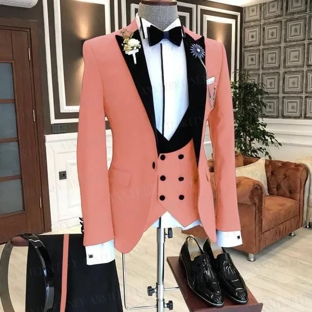 2021 Formal Business Men Suit 3 Pieces Male Jacket Custom Fashion Groom Wedding Suit Tuxedo Red Velvet Lapel Blazer Vest Pants