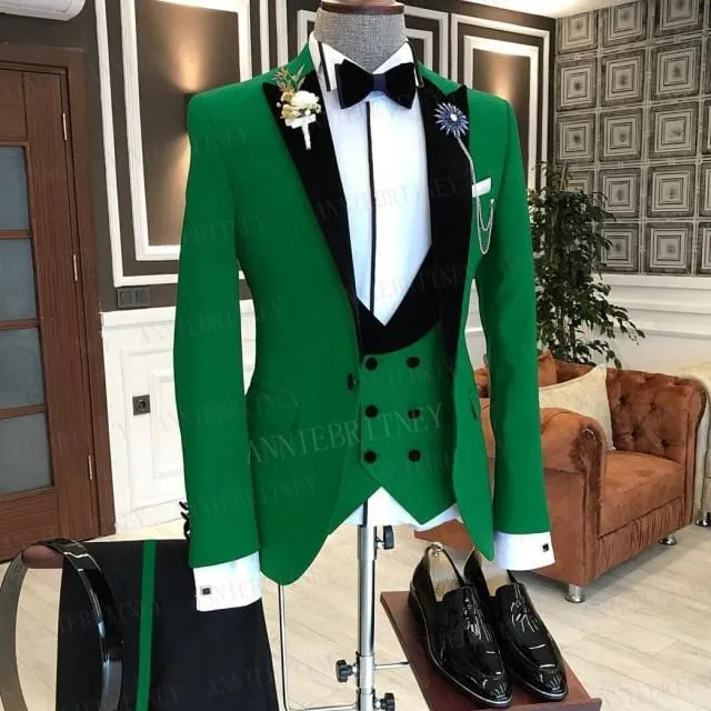 2021 Formal Business Men Suit 3 Pieces Male Jacket Custom Fashion Groom Wedding Suit Tuxedo Red Velvet Lapel Blazer Vest Pants