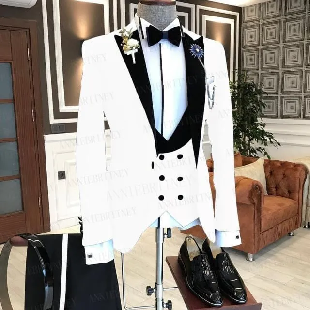 2021 Formal Business Men Suit 3 Pieces Male Jacket Custom Fashion Groom Wedding Suit Tuxedo Red Velvet Lapel Blazer Vest Pants