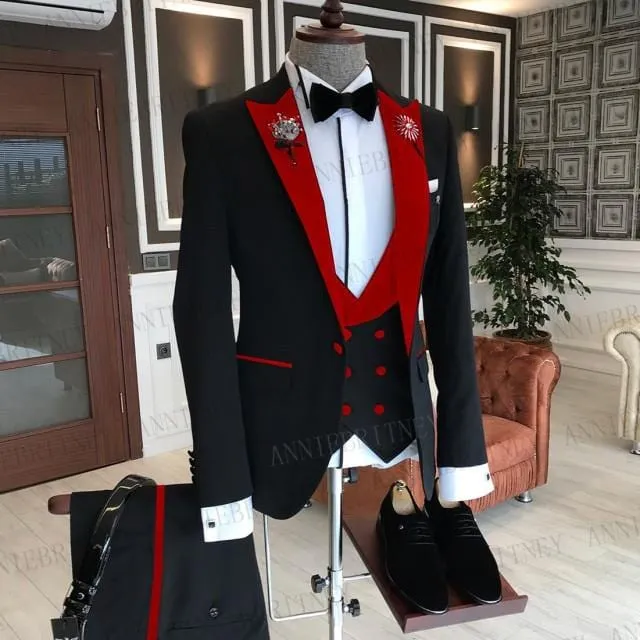 2021 Formal Business Men Suit 3 Pieces Male Jacket Custom Fashion Groom Wedding Suit Tuxedo Red Velvet Lapel Blazer Vest Pants