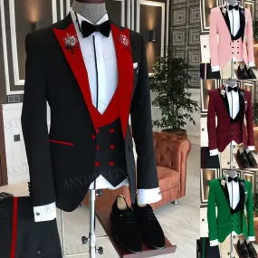 2021 Formal Business Men Suit 3 Pieces Male Jacket Custom Fashion Groom Wedding Suit Tuxedo Red Velvet Lapel Blazer Vest Pants