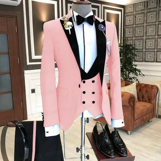 2021 Formal Business Men Suit 3 Pieces Male Jacket Custom Fashion Groom Wedding Suit Tuxedo Red Velvet Lapel Blazer Vest Pants