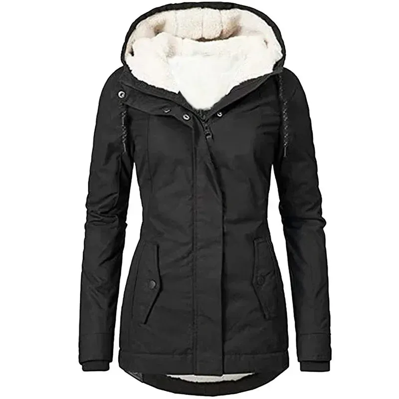 2023 Hooded Women Splice Zipper Coats Loose Casual Pockets Parkas Regular Thick Full Sleeve Warm Solid Jackets Autumn Winter