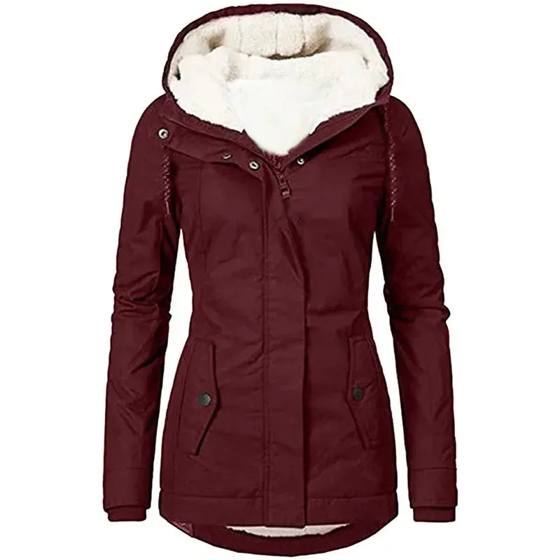 2023 Hooded Women Splice Zipper Coats Loose Casual Pockets Parkas Regular Thick Full Sleeve Warm Solid Jackets Autumn Winter