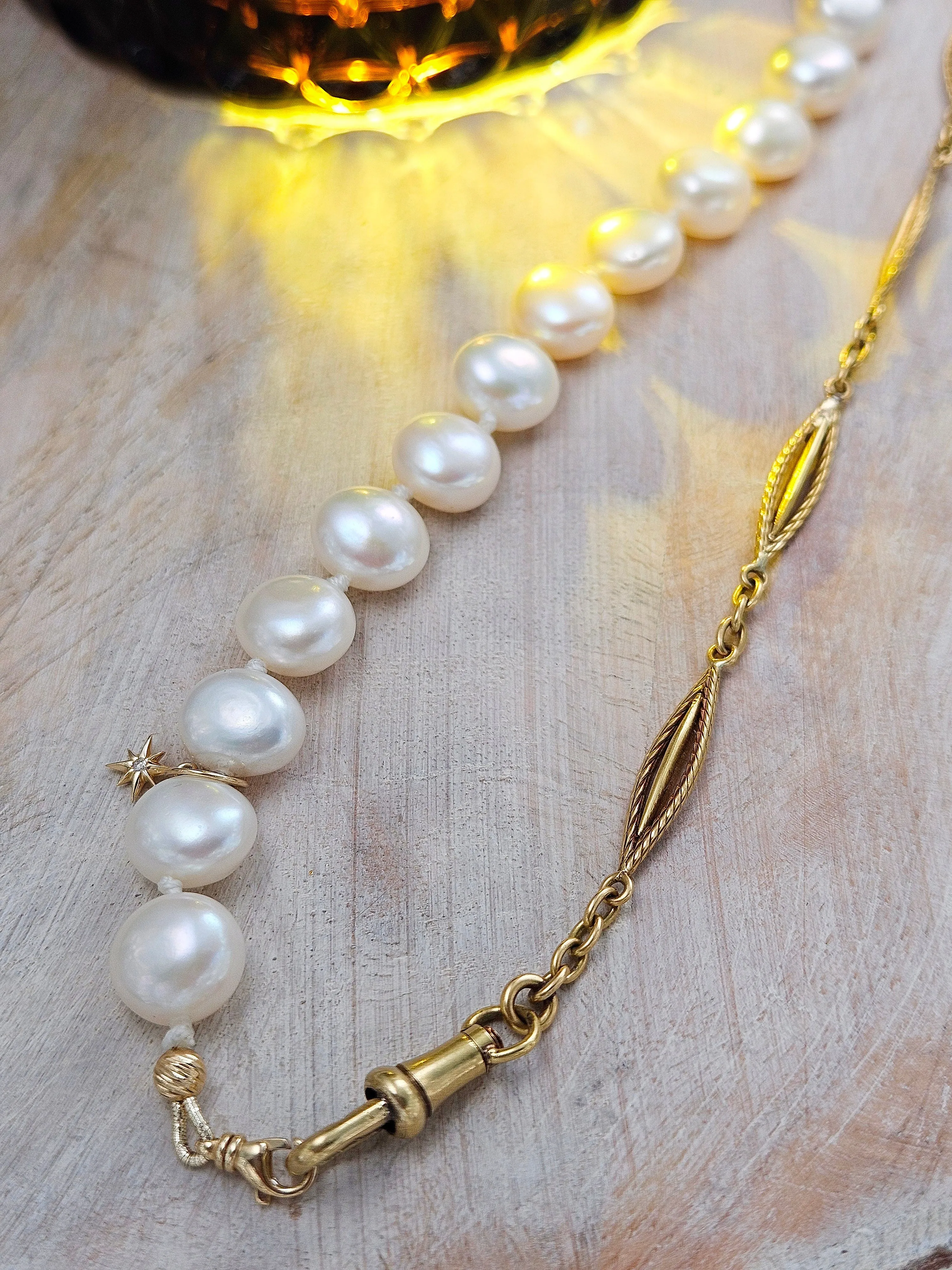 2IN1 - Genuine Antique 18K Yellow Gold Watch Chain and Freshwater Pearl Diamond 14K Gold Bracelet Combo | Indulgems | Antique Jewelry Revamped