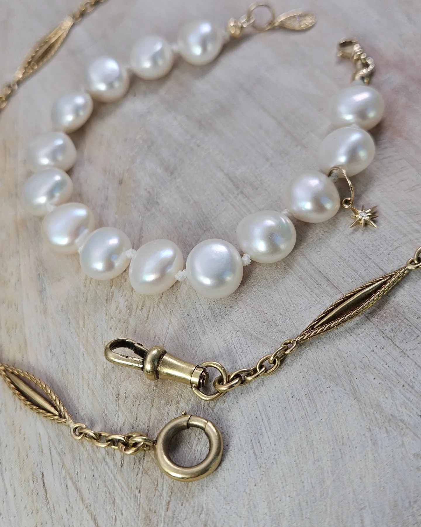 2IN1 - Genuine Antique 18K Yellow Gold Watch Chain and Freshwater Pearl Diamond 14K Gold Bracelet Combo | Indulgems | Antique Jewelry Revamped