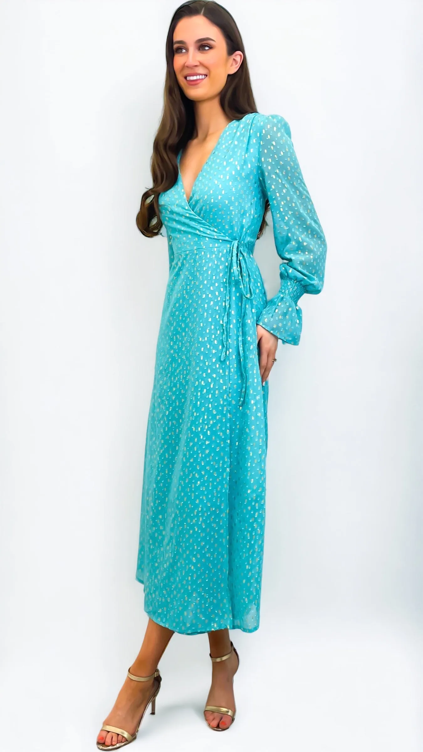 4-A0726 Sian Gold Foil Spot Dress in Turquoise