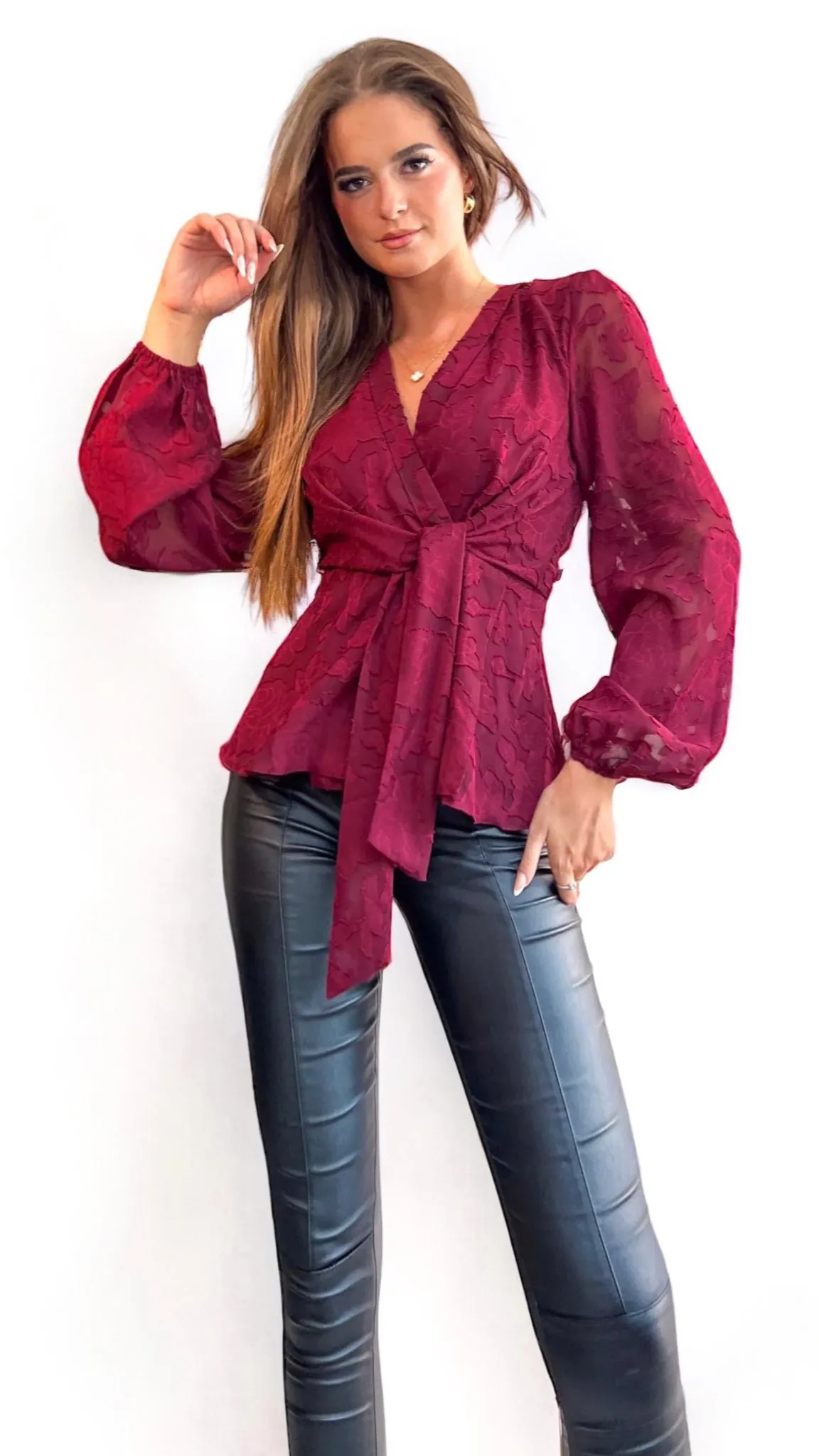 4-A1303 Brooke Wine Faux Wrap Top