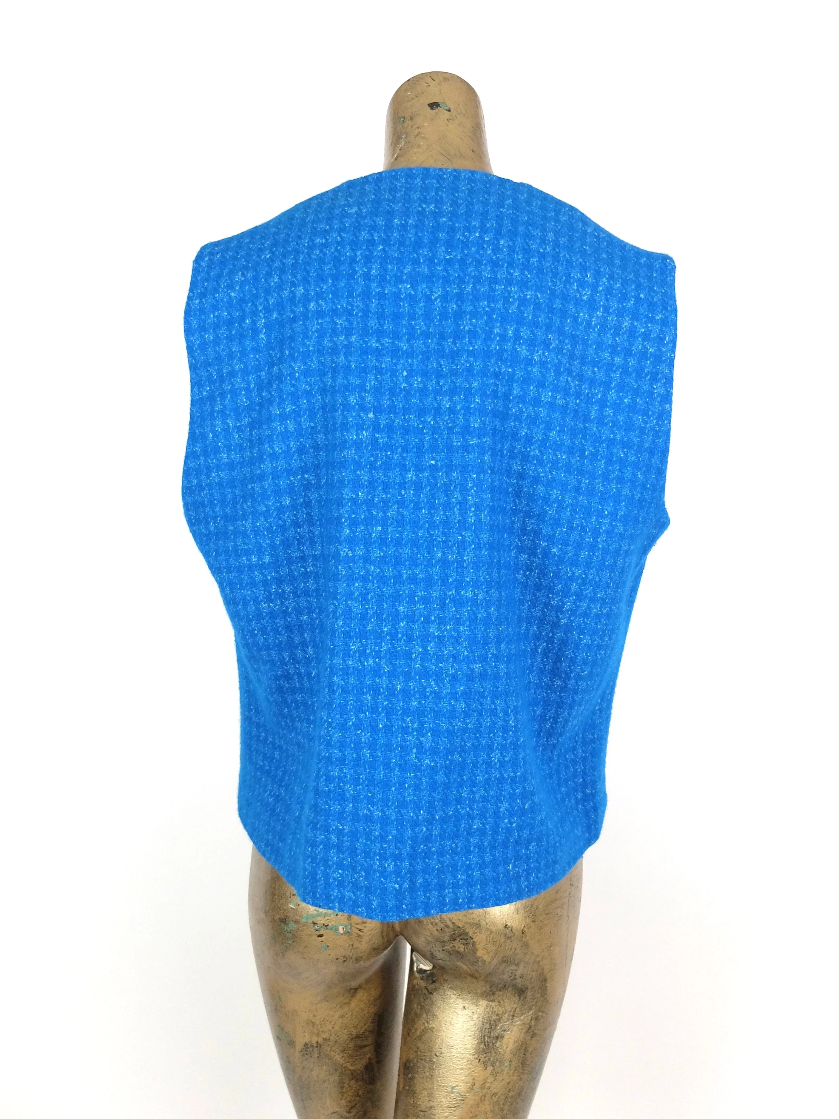 60s Mod Bright Blue Houndstooth Sleeveless Button Up Vest