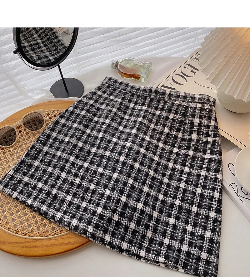 Age reducing Retro High Waist tweed plaid skirt  5505