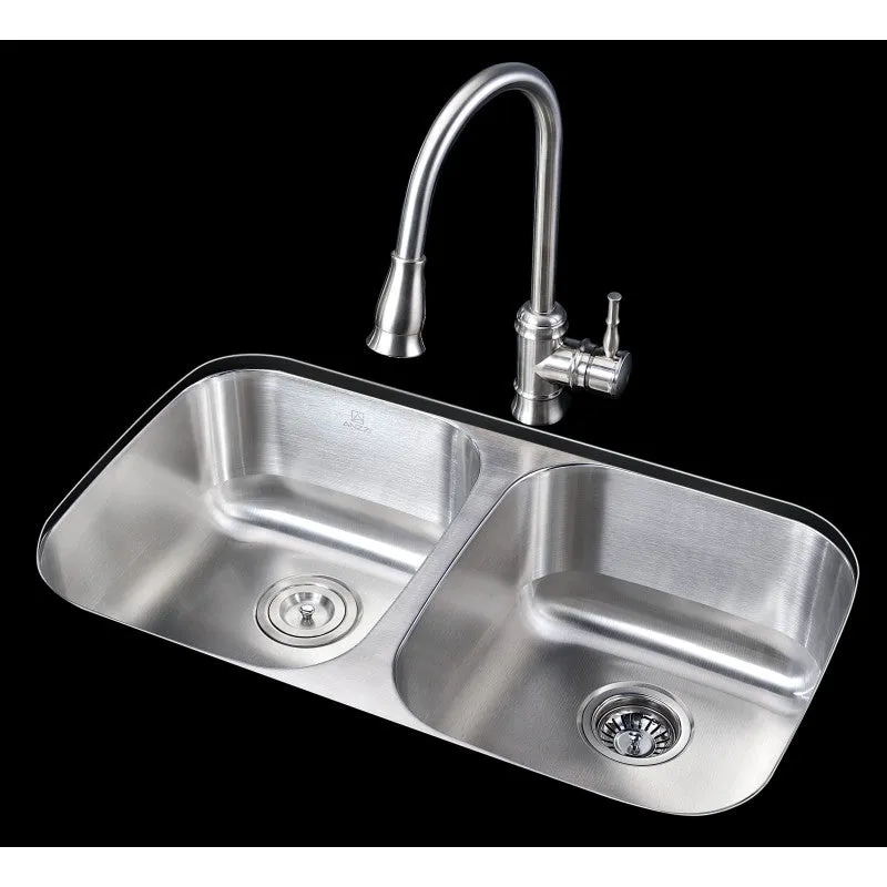 ANZZI Moore Undermount Stainless Steel 32 in. 0-Hole 50/50 Double Bowl Kitchen Sink in Brushed Satin