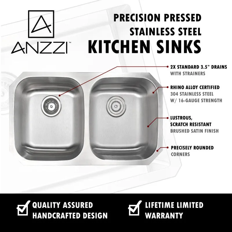 ANZZI Moore Undermount Stainless Steel 32 in. 0-Hole 50/50 Double Bowl Kitchen Sink in Brushed Satin