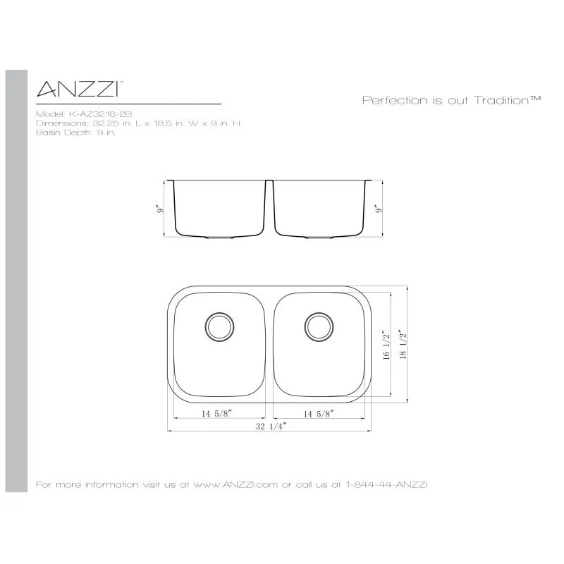 ANZZI Moore Undermount Stainless Steel 32 in. 0-Hole 50/50 Double Bowl Kitchen Sink in Brushed Satin