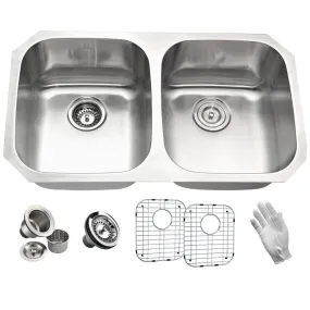 ANZZI Moore Undermount Stainless Steel 32 in. 0-Hole 50/50 Double Bowl Kitchen Sink in Brushed Satin