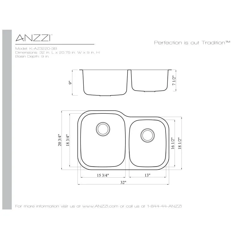 ANZZI Moore Undermount Stainless Steel 32 in. 0-Hole 60/40 Double Bowl Kitchen Sink in Brushed Satin