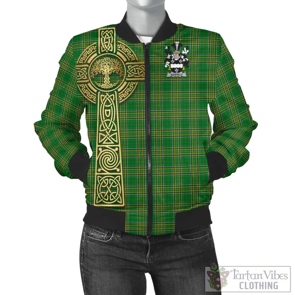 Ashfield Irish Clan Tartan Bomber Jacket with Coat of Arms Celtic Tree of Life Style