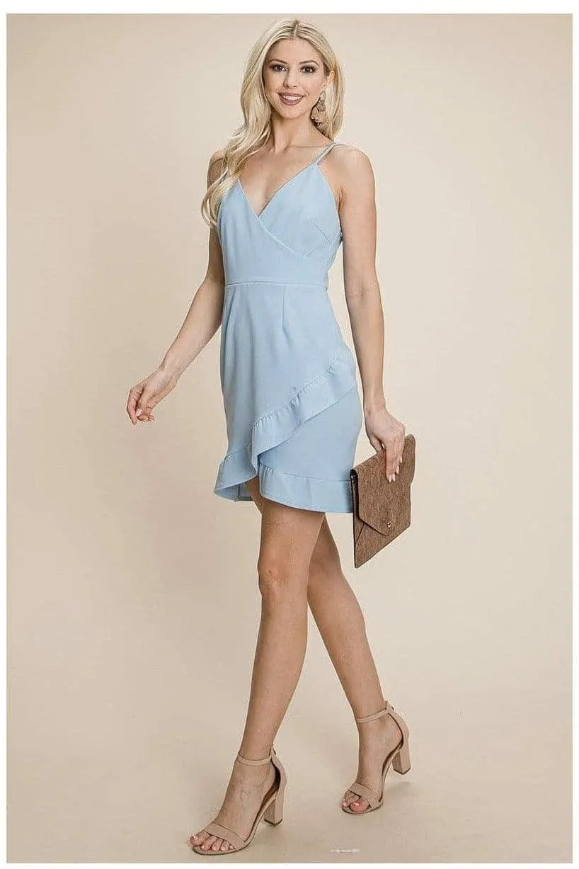 Asymmetrical Ruffle Hem Wrap Mini Dress