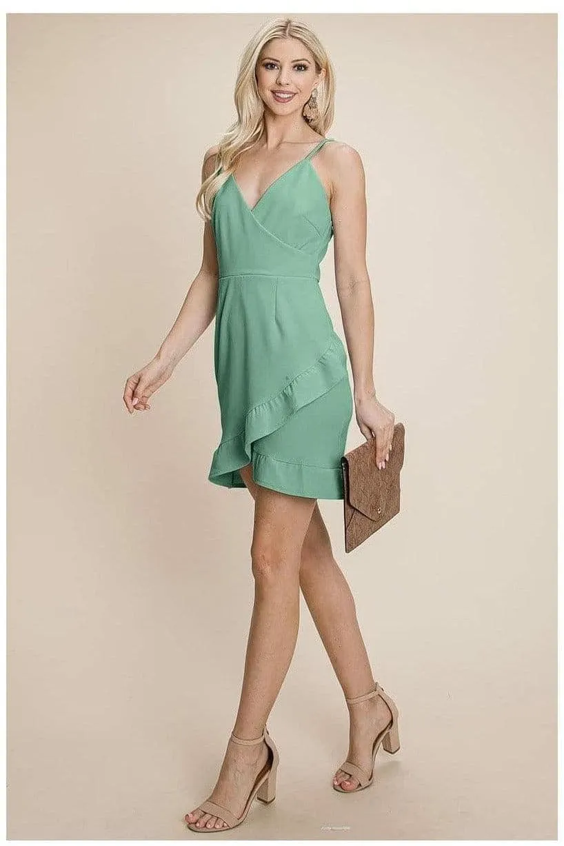 Asymmetrical Ruffle Hem Wrap Mini Dress