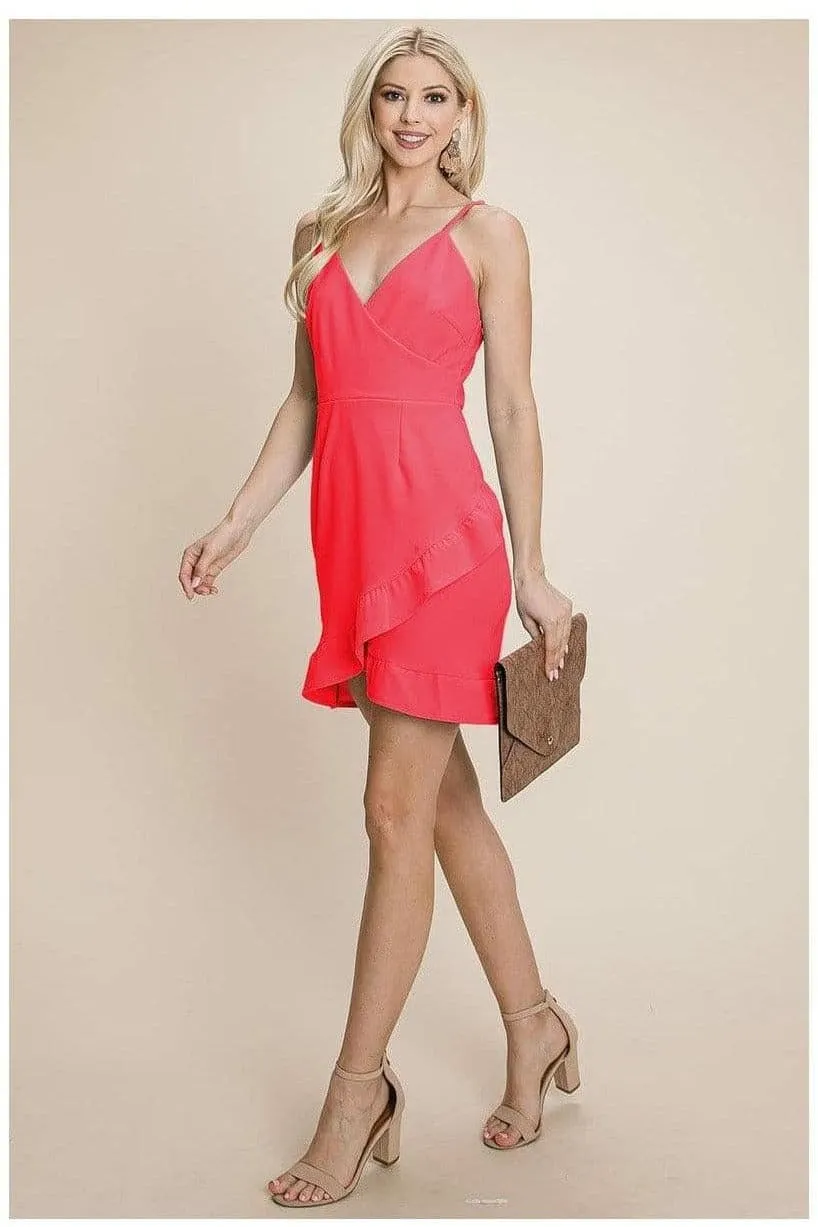 Asymmetrical Ruffle Hem Wrap Mini Dress