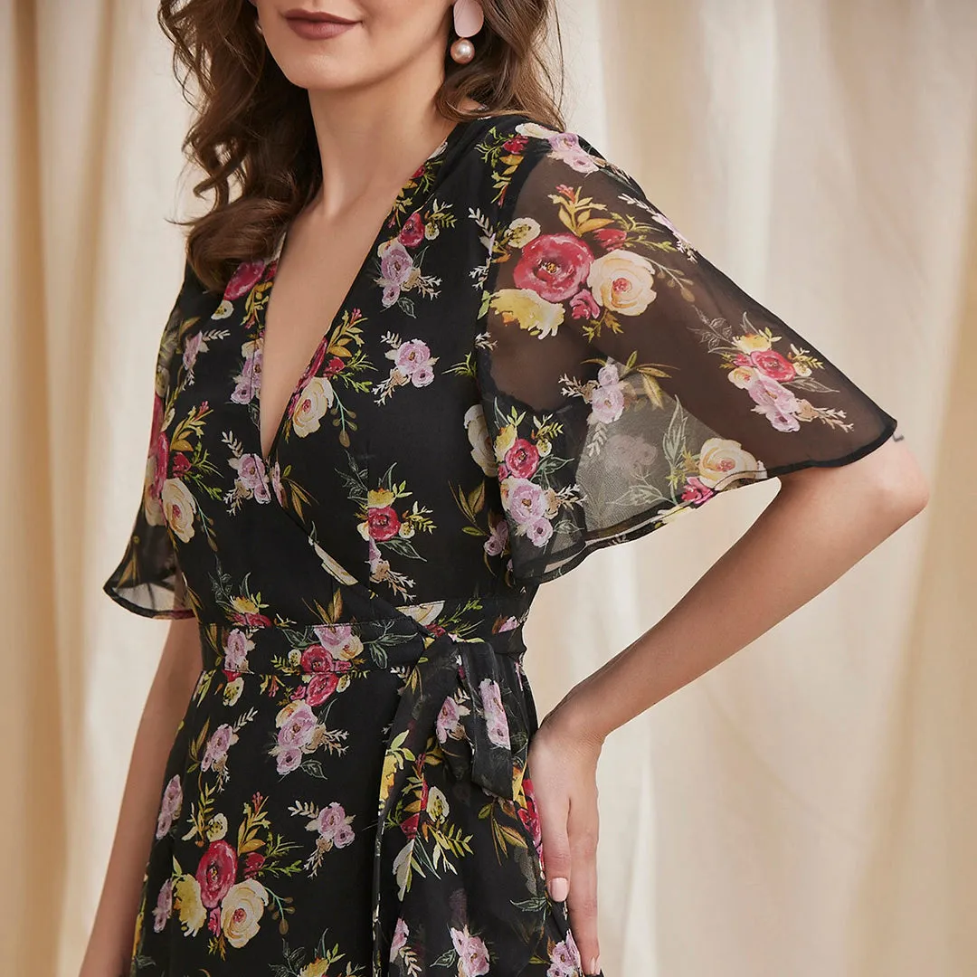 B77 Women's Floral Wrap Dress With Frill Hem in Sustainable Fabric