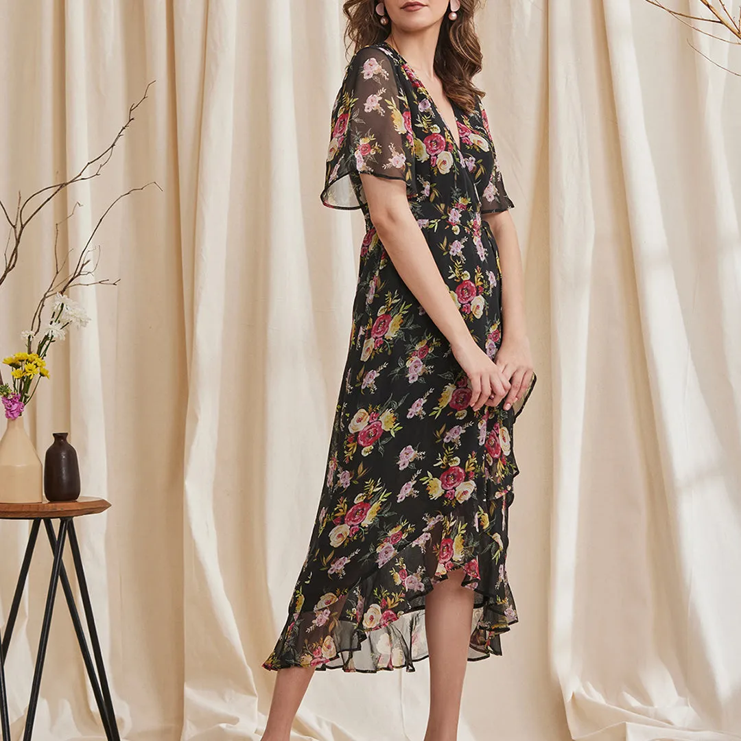 B77 Women's Floral Wrap Dress With Frill Hem in Sustainable Fabric