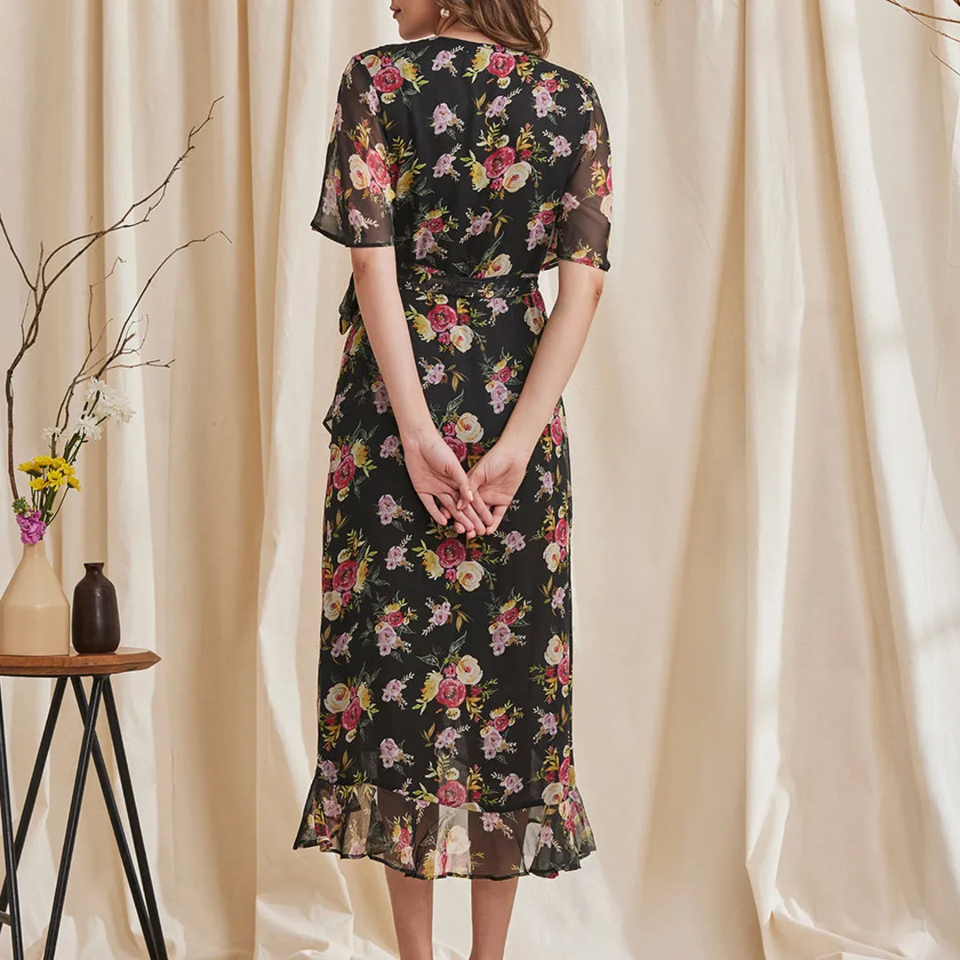 B77 Women's Floral Wrap Dress With Frill Hem in Sustainable Fabric