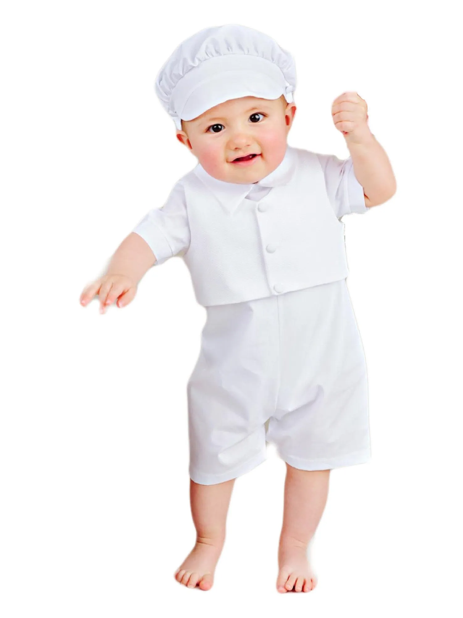 Baby Boys White Romper Vest Hat 3 Pcs Cotton Christening Outfit 3-24M