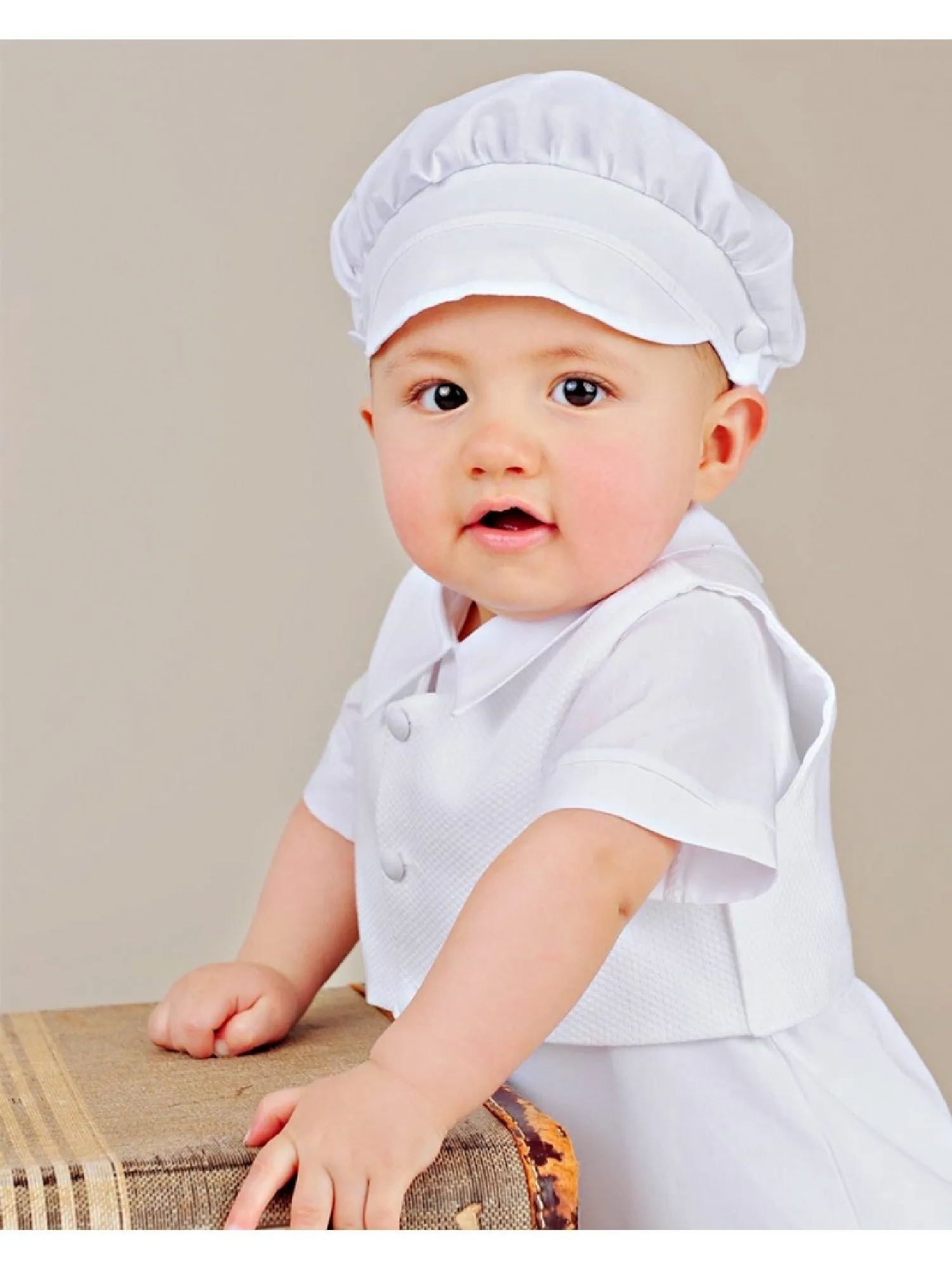 Baby Boys White Romper Vest Hat 3 Pcs Cotton Christening Outfit 3-24M