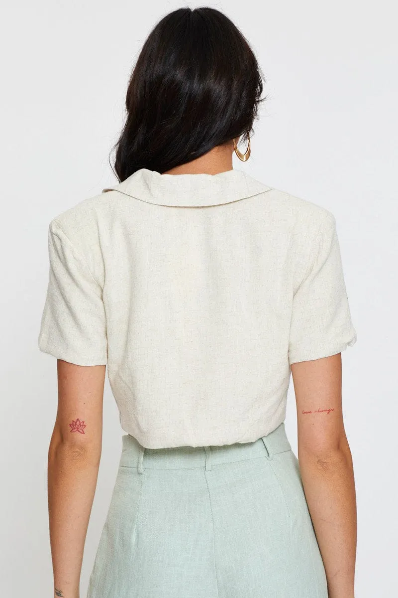 Beige Crop Jacket Short Sleeve Collared