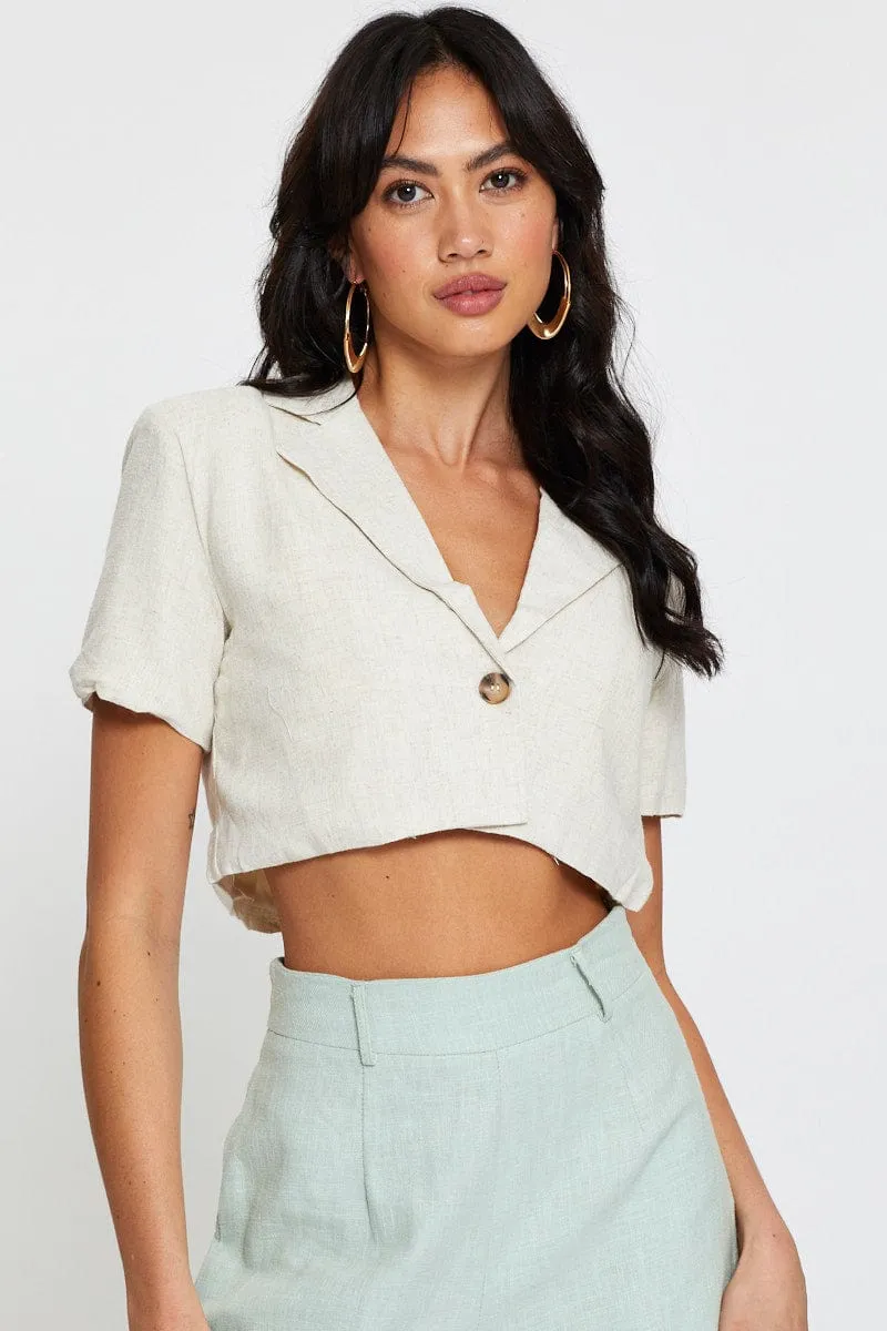 Beige Crop Jacket Short Sleeve Collared