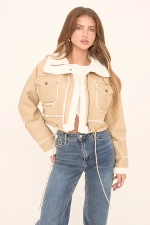 Beige Faux Leather Shearling Aviator Cropped Jacket - Avani