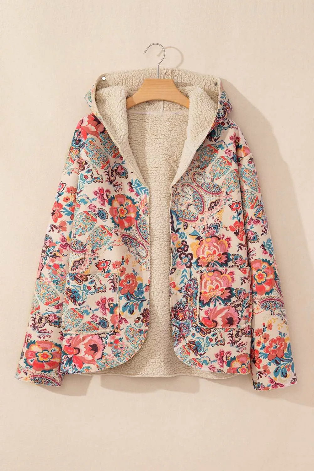 Beige Vintage Paisley Floral Printed Sherpa Lined Hooded Jacket