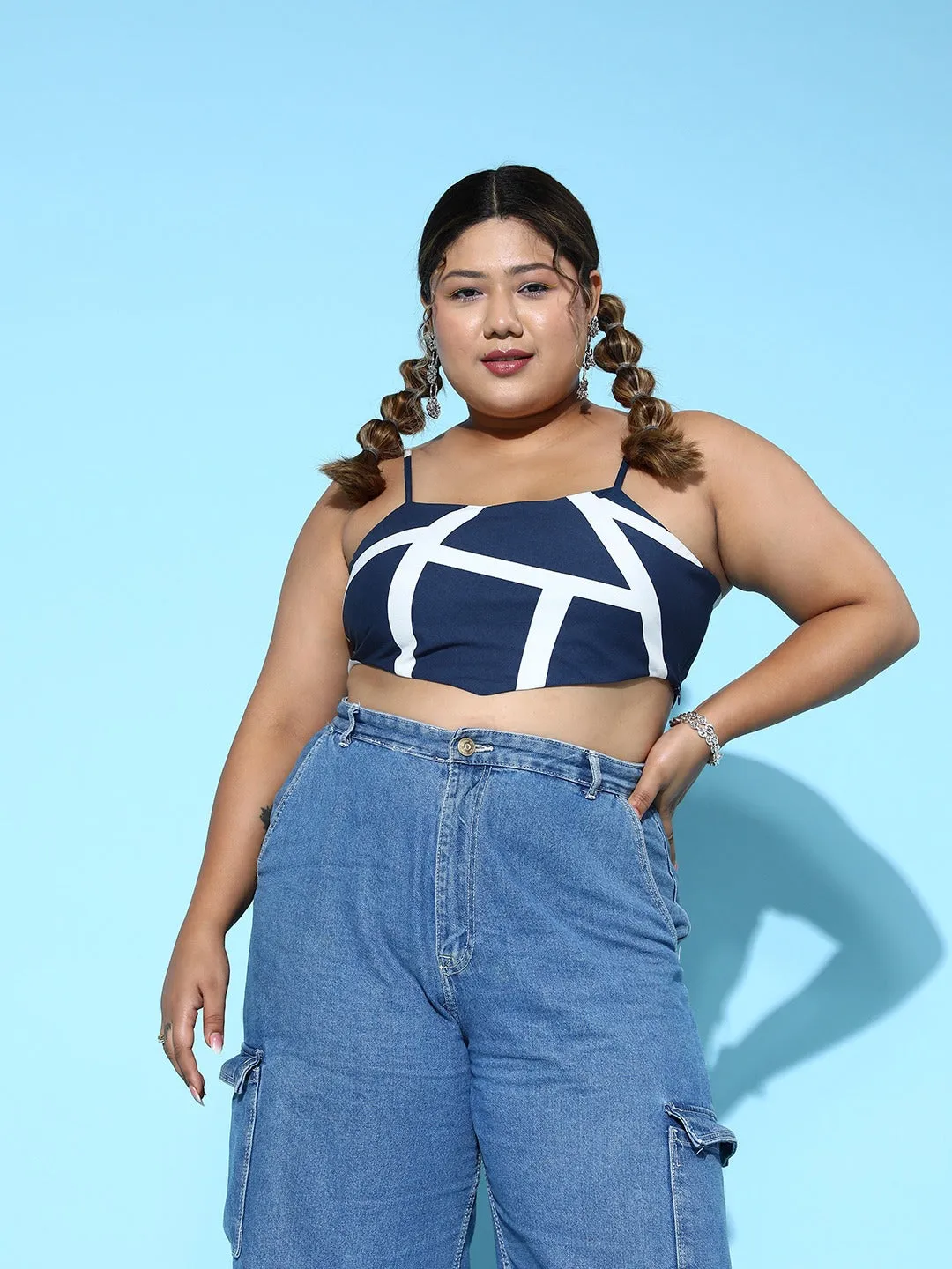 Berrylush Women Plus Size Navy Blue & White Geometric Printed Square Neck Sleeveless Crepe Cropped Top