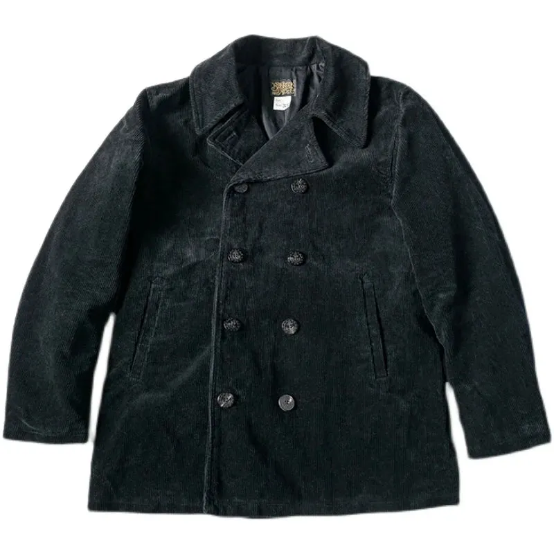 Black Corduroy Peacoat Double-breasted Men's Jacket with Naval Sailor Reefer