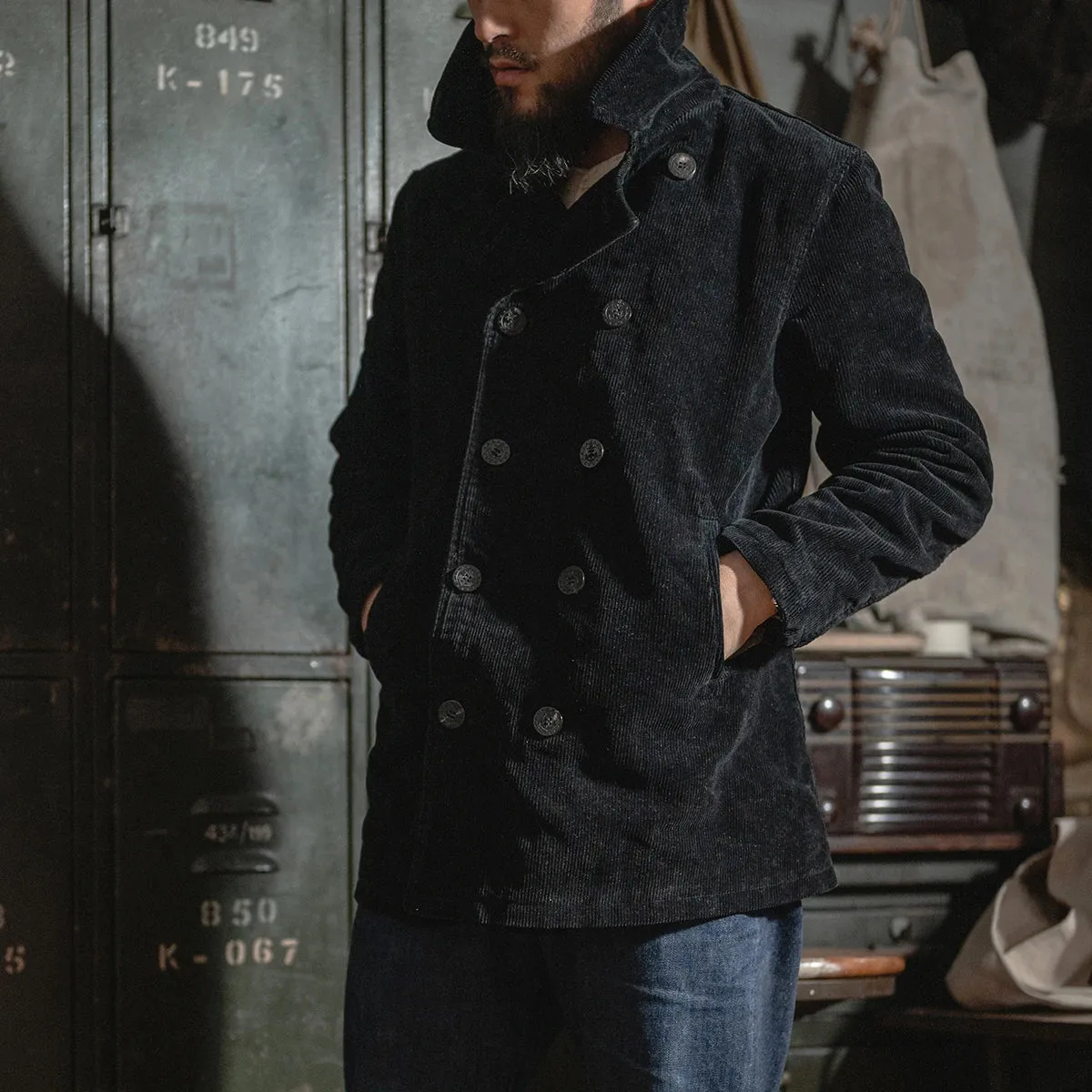 Black Corduroy Peacoat Double-breasted Men's Jacket with Naval Sailor Reefer