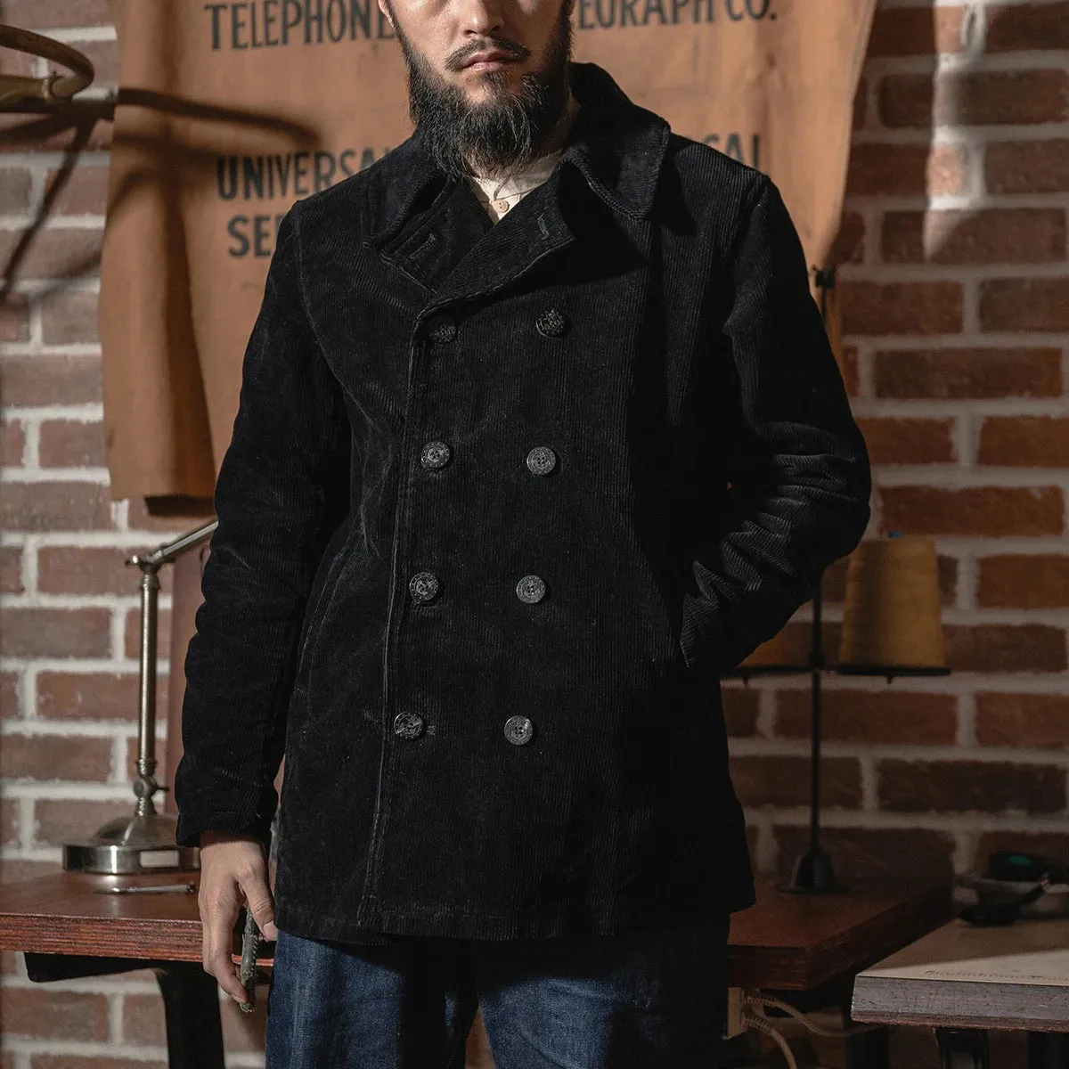 Black Corduroy Peacoat Double-breasted Men's Jacket with Naval Sailor Reefer