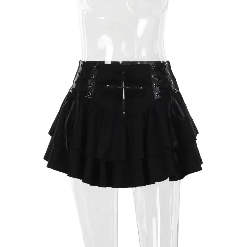 Black Lace Trim Cross Lace-up Mini Vintage Sexy A-Line Layered Women Summer Autumn Skirt