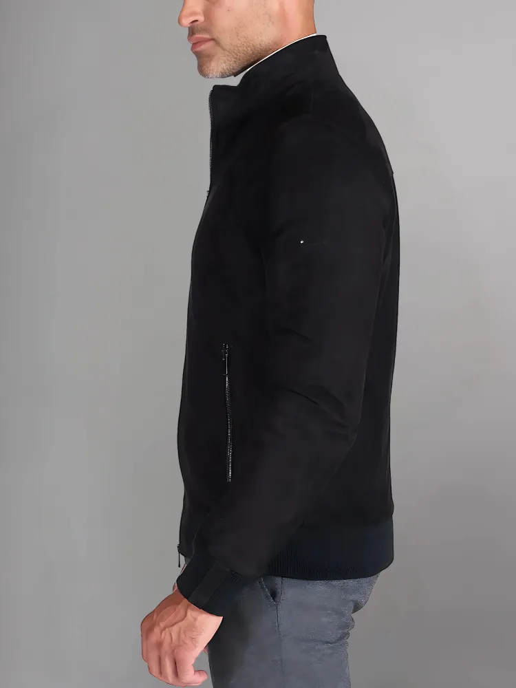 Black suede lamb leather bomber jacket.