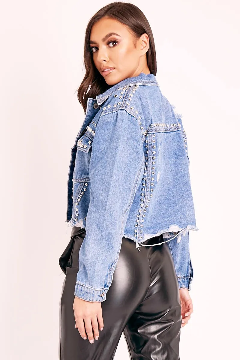 Blue Denim Studded Cropped Jacket - Gwenna