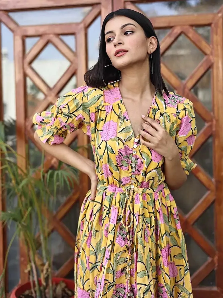 Bohemian Wood-Block Printed Cotton Emerie Dress in Yellow