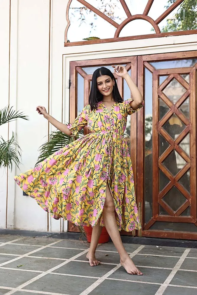 Bohemian Wood-Block Printed Cotton Emerie Dress in Yellow