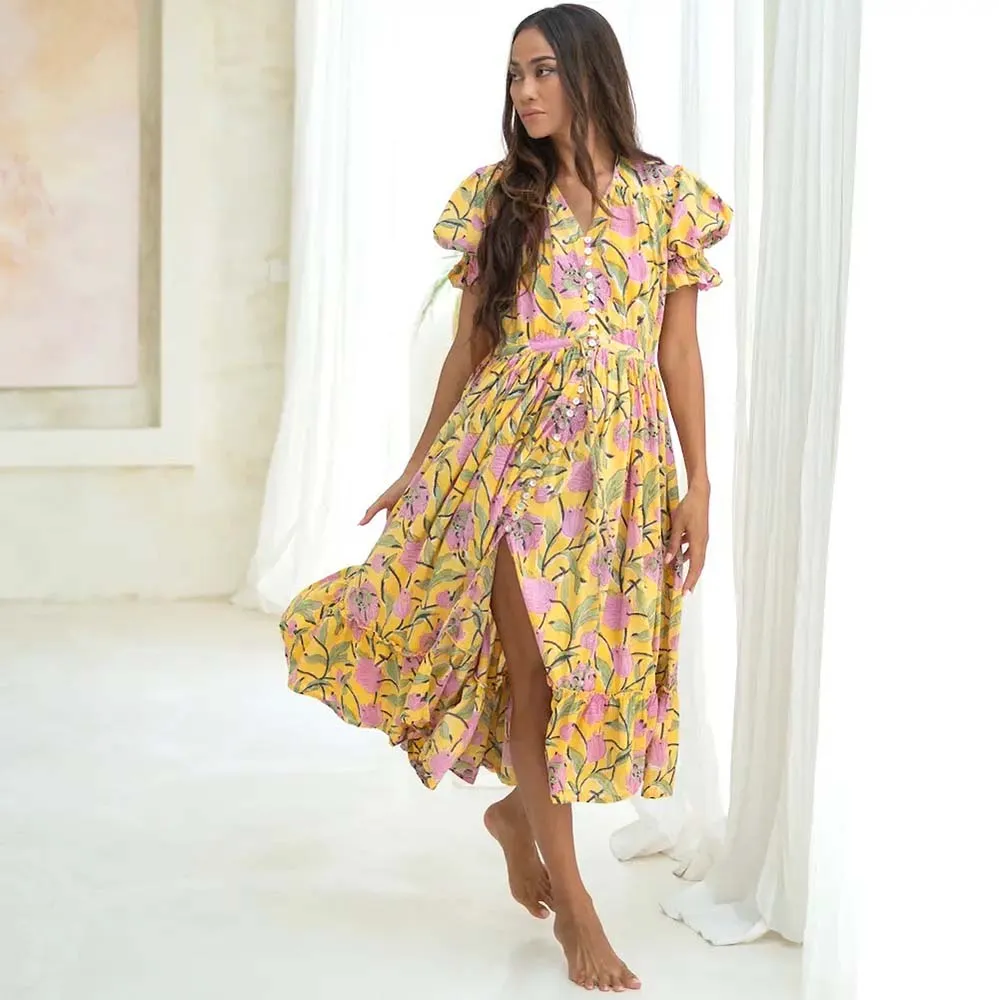 Bohemian Wood-Block Printed Cotton Emerie Dress in Yellow