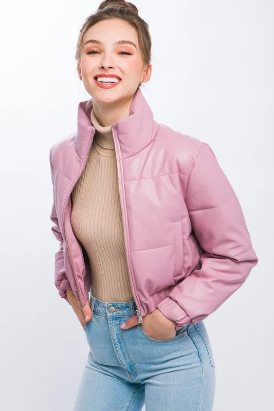 Bubble Gum Cropped PU High Neck Jacket