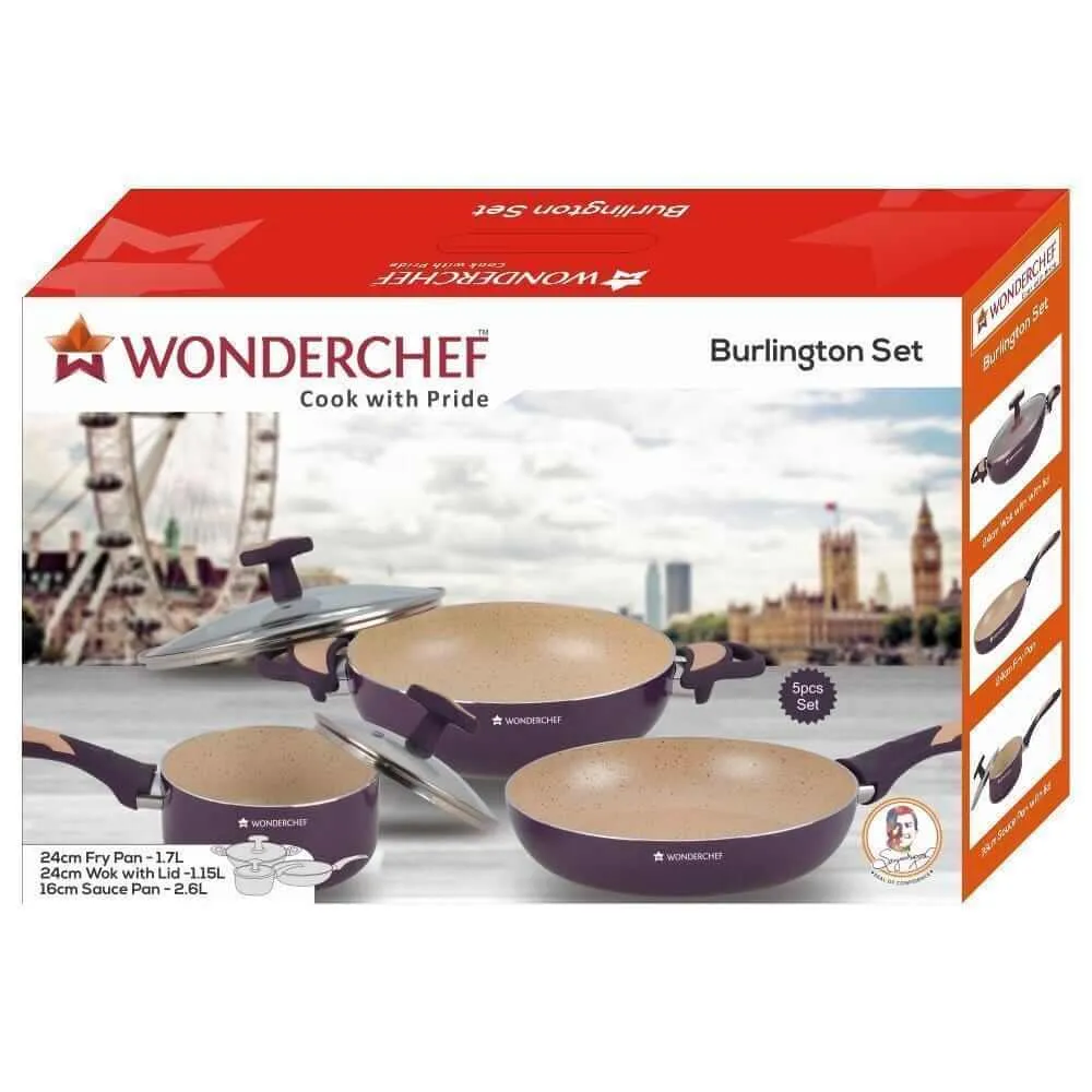 Burlington Nonstick Cookware Set, 5Pc (Wok with Lid, Sauce Pan With Lid, Fry Pan), Induction Bottom, Soft-touch Handles, Virgin Grade Aluminium, PFOA/Heavy Metals Free, 3mm, 2 Years Warranty, Maroon and Beige