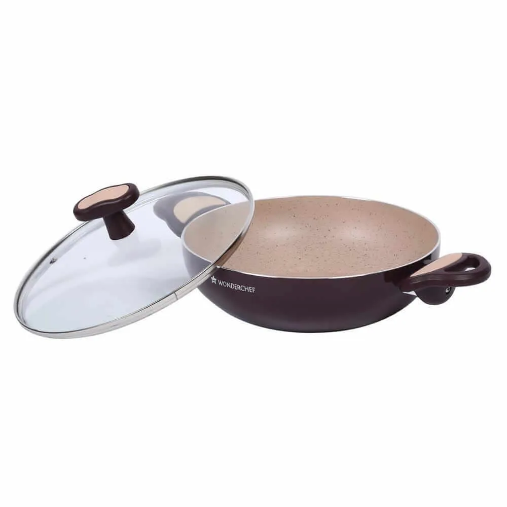 Burlington Nonstick Cookware Set, 5Pc (Wok with Lid, Sauce Pan With Lid, Fry Pan), Induction Bottom, Soft-touch Handles, Virgin Grade Aluminium, PFOA/Heavy Metals Free, 3mm, 2 Years Warranty, Maroon and Beige