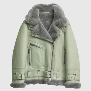 Buy New 2022 Style Women Green RAF Aviator Styled Sheepskin Shearling Leather Jacket